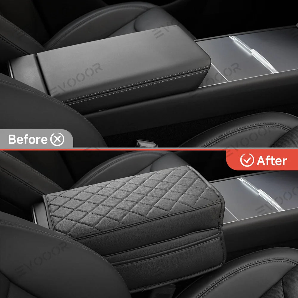 Cubierta de reposabrazos central de cuero con bolsillos laterales para Tesla Model Y Juniper 2025+